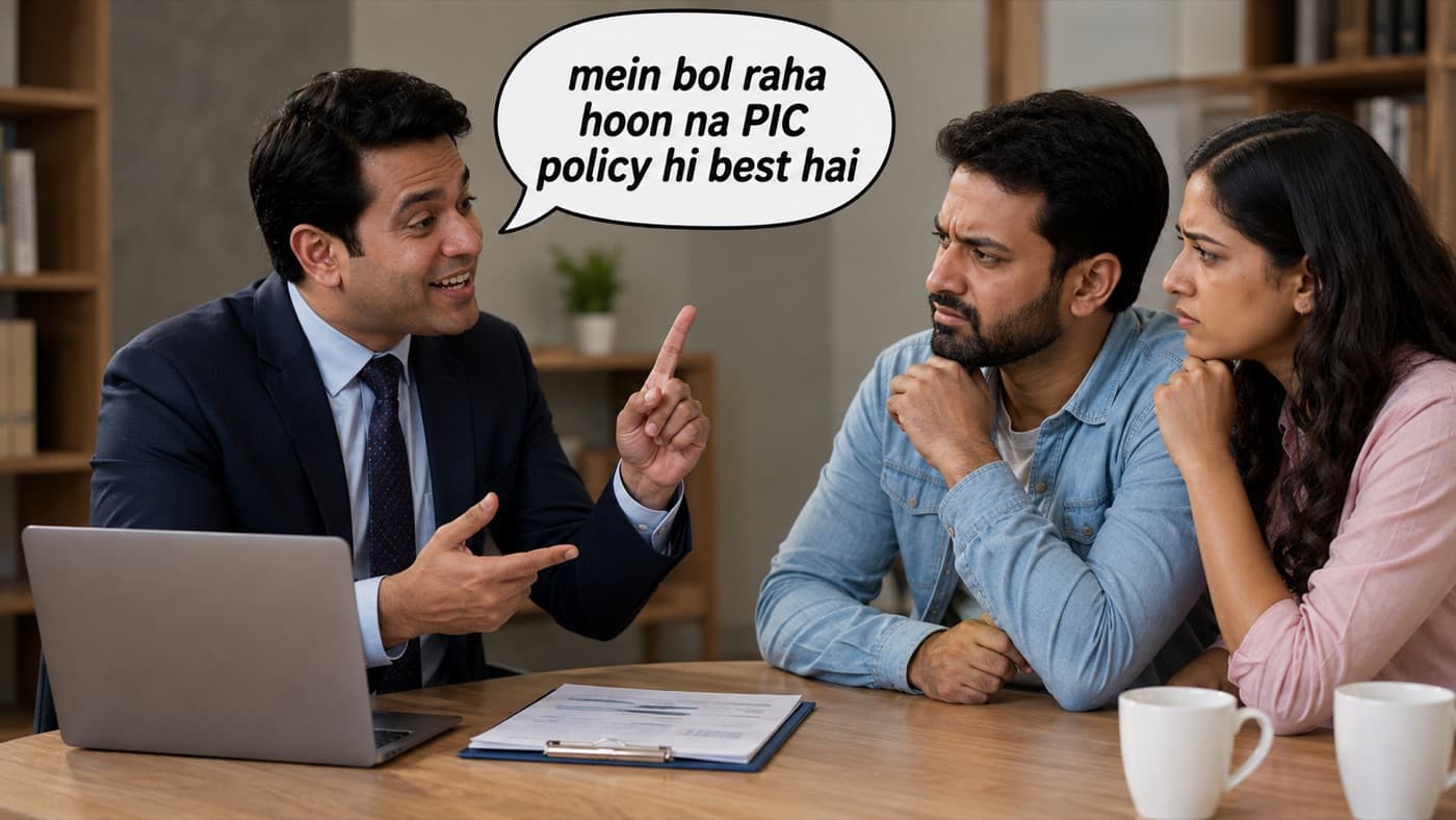 An agent pushing a policy across the table while a couple looks unconvinced